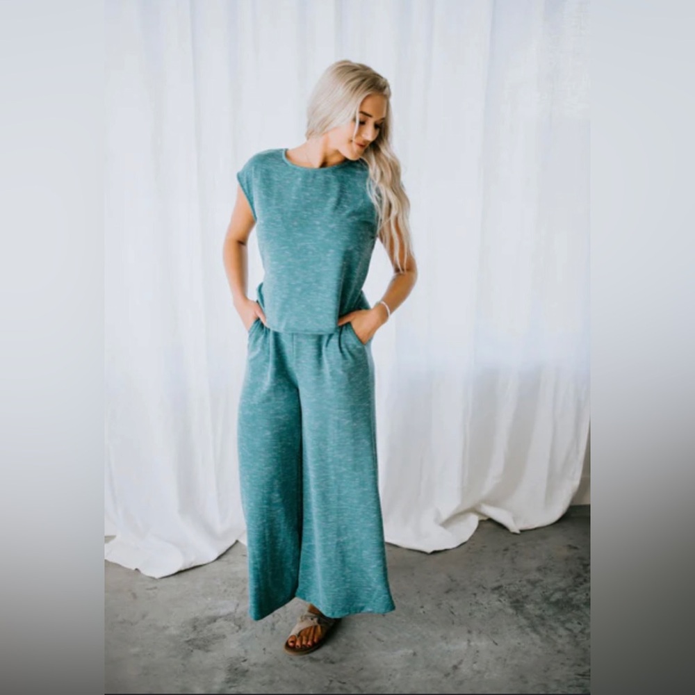 Bucket List Wide Leg Heather Light Blue Jumpsuit Small EUC Pockets Lounge Sweats - Picture 2 of 15